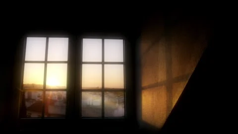 Golden Sunset Through Window Casting Warm Light and Shadows Over Quiet Town 库存影片 336381142