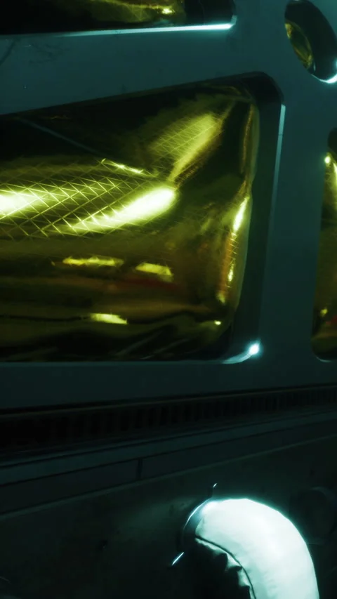 Golden surface on a futuristic structure with glowing elements at night Stock Footage 338417759
