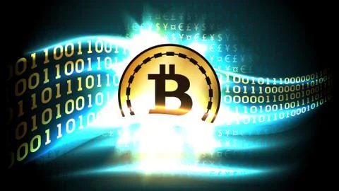 Golden symbol of cryptocurrency bitcoin exchanges currency signs for binary code 스톡 일러스트