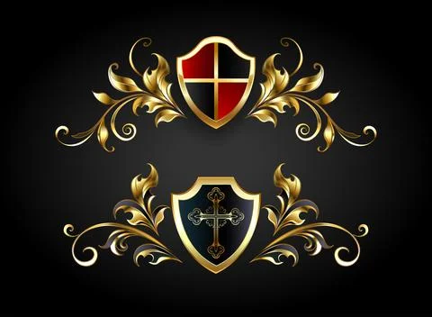Golden symmetrical frame with shield Stock Illustration