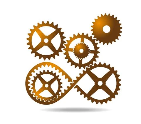 Golden tape with teeth mobius loop and gears. Drive transmission. Number eight 8 Stock Illustration