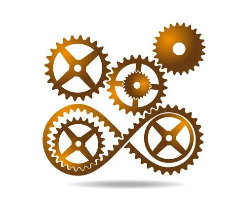 Golden tape with teeth mobius loop and gears. Drive transmission. Number eight 8 Stock Illustration