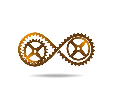 Golden tape with teeth mobius loop and gears. Drive transmission. Number eight 8 Stock Illustration