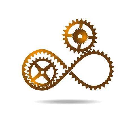 Golden tape with teeth mobius loop and gears. Drive transmission. Number eight 8 Stock Illustration