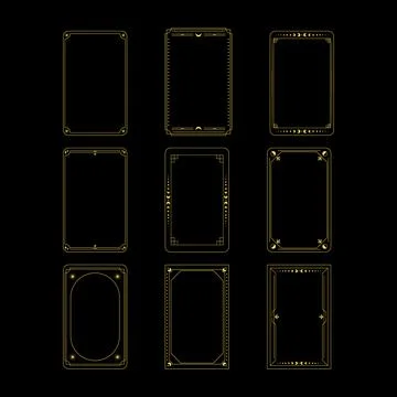 Golden tarot card border frames with celestial designs Stock Illustration