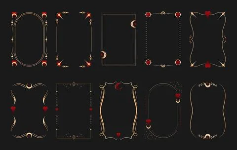 Golden Tarot frames decorated with red hearts. Decorative templates Stock Illustration