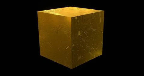 Golden techno cube. Yellow square metal box covered with 3d render digital tr 스톡 일러스트