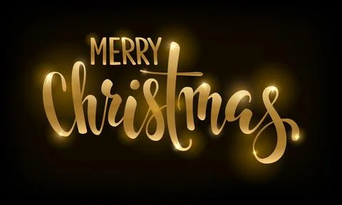 Golden text on black background Merry Christmas. Hand drawn lettering for i.. Stock Illustration