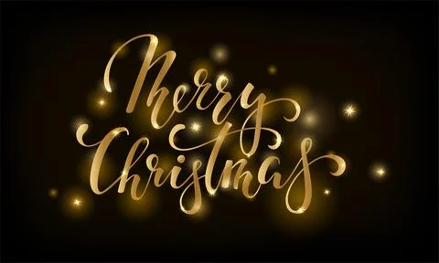 Golden text on black background Merry Christmas. Hand drawn lettering for i.. Stock Illustration