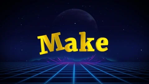 Golden text make fly over neon grid space background retro animation with Vídeo Stock 344419146