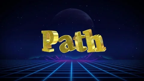 Golden text path animated above retro synthwave grid landscape background with Vídeos de archivo 344714987