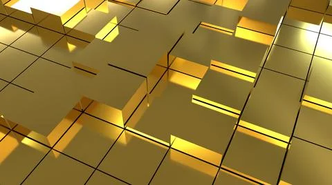 Golden texture with cubes of different sizes. Randomly arranged geometric.  Stock Illustration