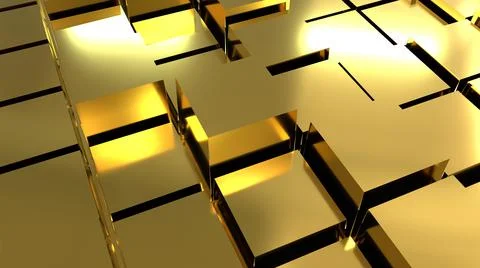 Golden texture with cubes of different sizes. Randomly arranged geometric.  Stock Illustration