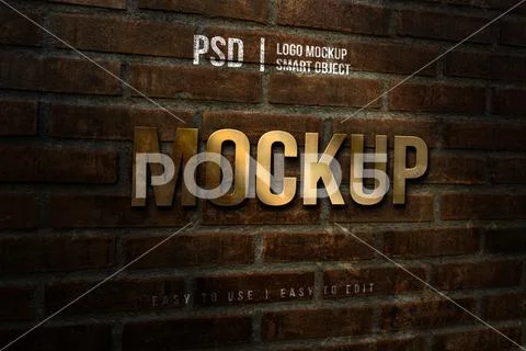 Golden texture logo mockup in brick wall background Modello PSD