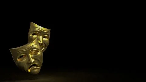 Golden Theater Masks in Dramatic Darkness 3d render. Stock Illustration