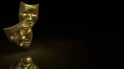 Golden Theater Masks in Dramatic Darkness 3d render. Stock Illustration