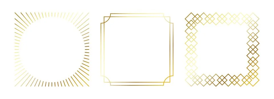 Golden thin frames set. Gold square borders in art deco style. Thin linear Stock Illustration
