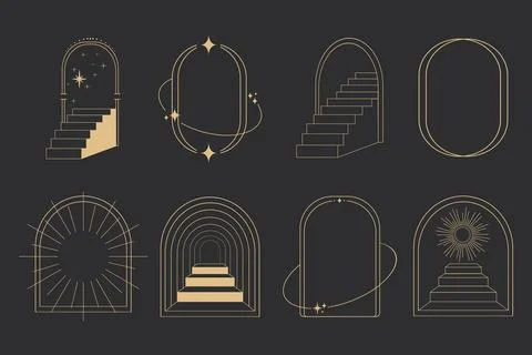 Golden thin line arch frame door stairs, sun and stars, mystic portal, astrology Illustrazione stock