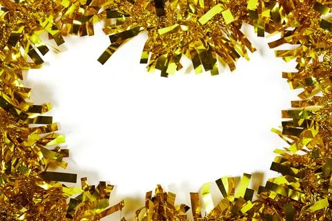 Golden Tinsel Frame On White Background Holiday Decoration Border With Sparkle A Stock Photos