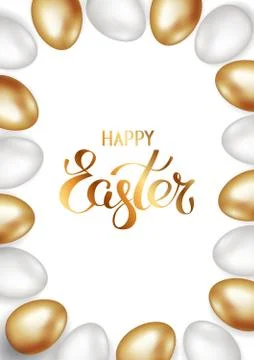 Golden title of happy easter with a border frame of gold and white easter eggs Stock Illustration