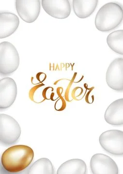 Golden title of happy easter border or frame of white eggs and golden Easter egg イラスト素材