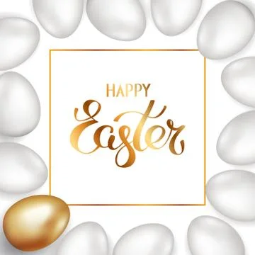 Golden title of Happy Easter in frame with border of white and golden eggs Illustrazione stock