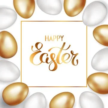 Golden title of Happy Easter in frame with a border of gold white Easter eggs Stock Illustration