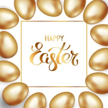 Golden title of Happy Easter in the frame with a border of gold Easter eggs イラスト素材