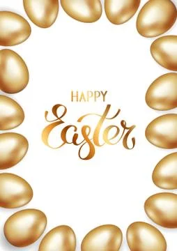 Golden title of Happy Easter with frame or border of gold Easter eggs on white Ilustración de archivo