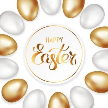Golden title of Happy Easter in round frame border of gold white Easter eggs Stock Illustration