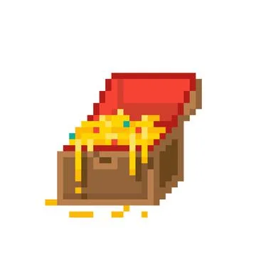 Golden treasure box pixels. Vector illustration of cross stitch and game item Stock Illustration