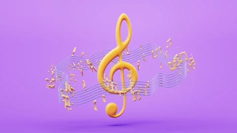 Golden treble clef with musical notes floating on purple background in 3d l.. Stock Footage 327247942