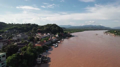 Golden triangle mekong river border three countries, Thailand, Laos and Myanmar Stock Footage 210138815