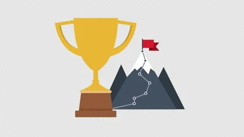 Golden Trophy and Mountain Peak with Flag Representing Achievement Success and Stock Footage 339780660