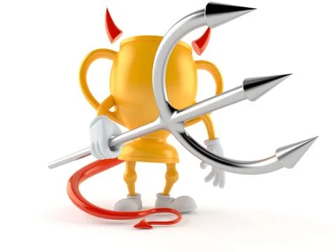 Golden trophy character with devil horns and pitchfork Stock Illustration