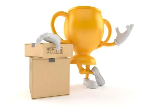 Golden trophy character with stack of boxes Illustrazione stock