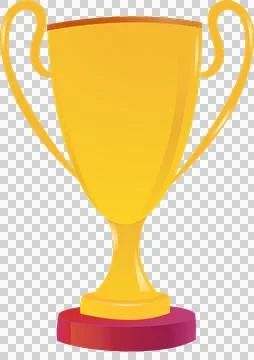 Golden trophy cup is sitting in flat style with curved handles, magenta base Stock Illustration