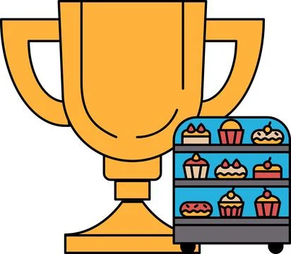 A golden trophy is displayed next to a display case full of pastries Stock Illustration