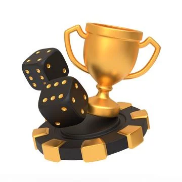 A golden trophy featuring dice and poker chip. 3D render illustration Stock Illustration