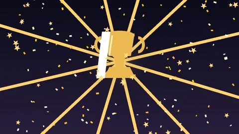 Golden Trophy Icon with Moving Rays and Confetti Animation Video stock 347814010