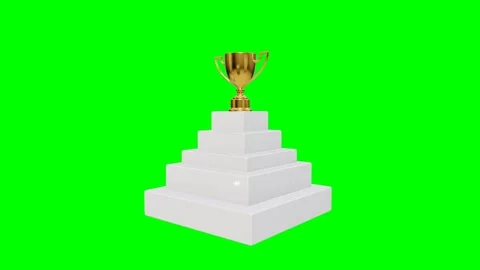 Golden trophy rotating on white tiered pedestal green screen 4K Stock Footage 336957381