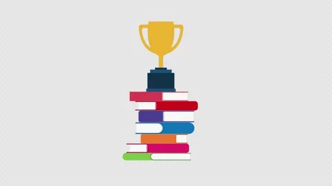 Golden Trophy Standing on Colorful Stack of Books Symbolizing Academic Stock Footage 339781439