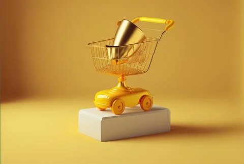 Golden trophy with a winner's name on it and a shopping cart on a yellow Stock Illustration