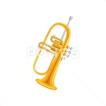 Golden trumpet in flat style. Large brass wind instrument with straight tubing Stock Illustration