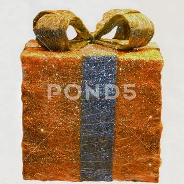 Golden twinkling gift package with silver stripe. Stock Photos