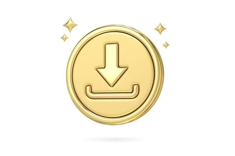 Golden Upload Icon, 3D rendering of a shiny golden download button with spa.. Stock Photos