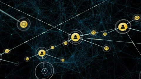 Golden user node pulsing sending white lines linking chat bubbles, multiplying Video stock 311884286