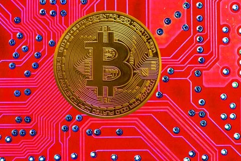 Golden valueable single bitcoin from crypto currency with a light red board i Stock Illustration