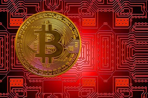 Golden valueable single bitcoin from crypto currency with a red board in the  Stock Illustration