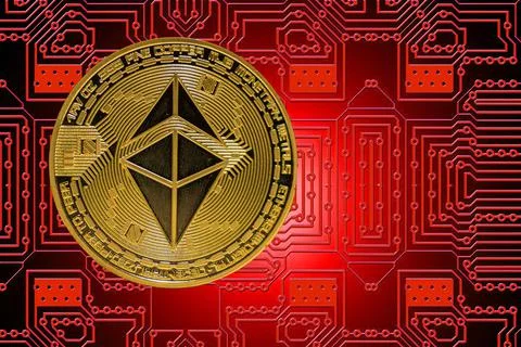 Golden valueable single ether from ethereum crypto currency with a red board  Ilustración de archivo